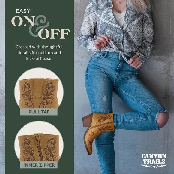 ✨ Canyon Trails Cowgirl Boots Women Tan Faux Leather Side Zippers Durable Boots