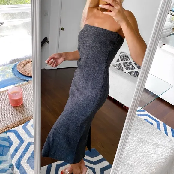 🩶 ZARA GREY WOOL STRAPLESS FITTED RUCHED MIDI DRESS!