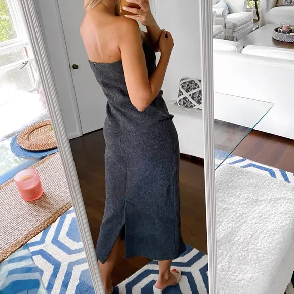 🩶 ZARA GREY WOOL STRAPLESS FITTED RUCHED MIDI DRESS!