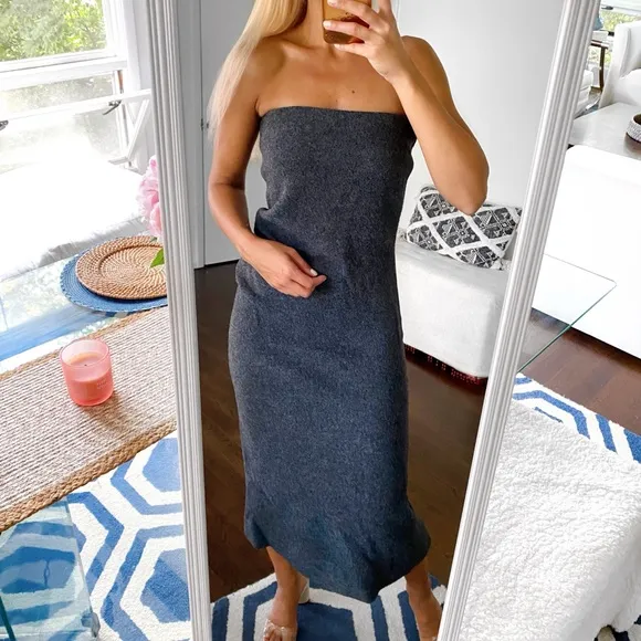 🩶 ZARA GREY WOOL STRAPLESS FITTED RUCHED MIDI DRESS!