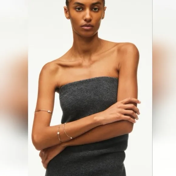 🩶 ZARA GREY WOOL STRAPLESS FITTED RUCHED MIDI DRESS!