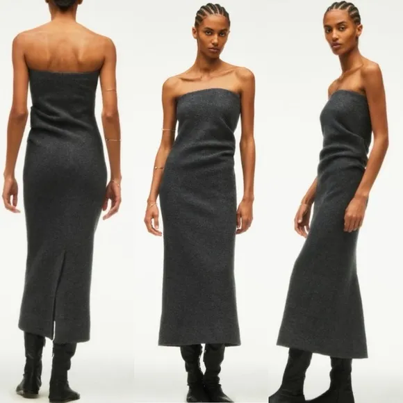 🩶 ZARA GREY WOOL STRAPLESS FITTED RUCHED MIDI DRESS!