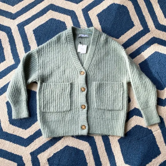 🍃 ZARA MINT WOOL BLEND CHUNKY KNIT CARDIGAN SWEATER!