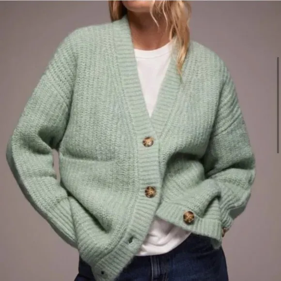 🍃 ZARA MINT WOOL BLEND CHUNKY KNIT CARDIGAN SWEATER!