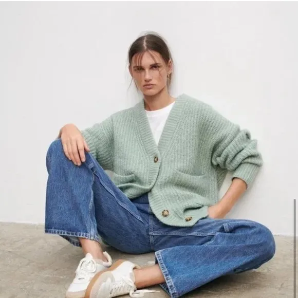 🍃 ZARA MINT WOOL BLEND CHUNKY KNIT CARDIGAN SWEATER!