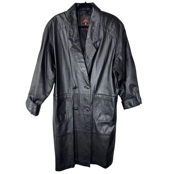 100% Leather Long Black Double Breasted Lined Trench Coat Unisex Size Me…