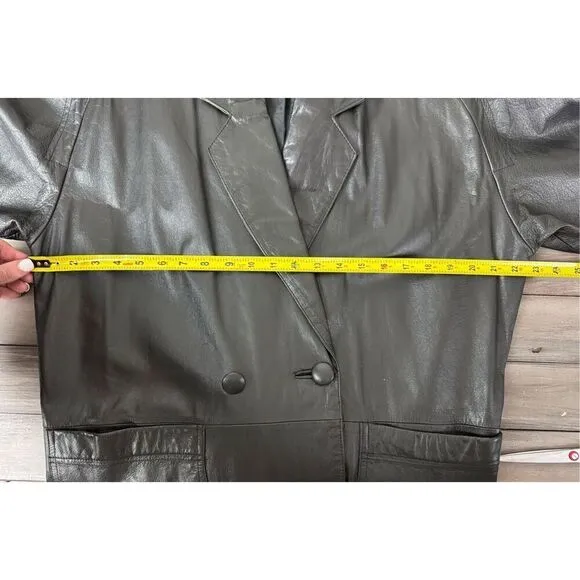100% Leather Long Black Double Breasted Lined Trench Coat Unisex Size Me…
