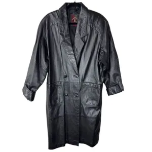 100% Leather Long Black Double Breasted Lined Trench Coat Unisex Size Me…