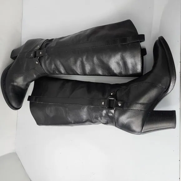 869 Via Spiga Womens Tall Black Leather Riding Style Fashion Boots Size 7.5M