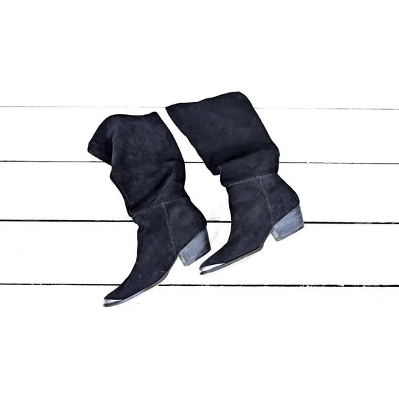 90s vintage black suede leather slouchy western metal tip boots