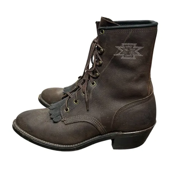 ABILENE Brown Leather Packer Boots Vintage Kiltie Cowboy Boots Size 10 Granny