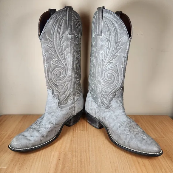 ACME Men’s Cowboy Boots 7.5 D Gray Embroidered Leather Western USA