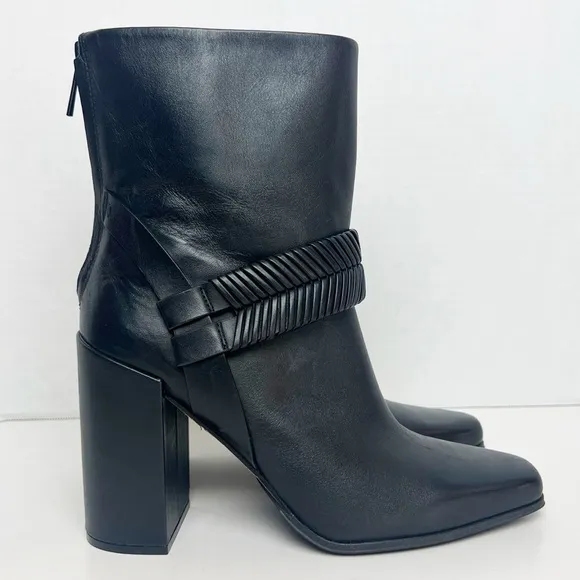 •AD &amp; DAUGHTERS• Black Leather Declann Braided Chunky Heel Boot Size 9.5