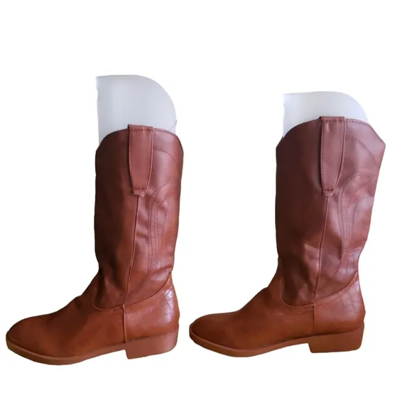Ahongm Fashion Brown Faux Leather Snake Boots Flower Stamp Men's Size 8.5