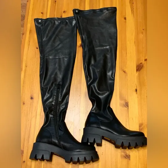 AKIRA Black Over the Knee Boots with Chunky Platform, NWOT