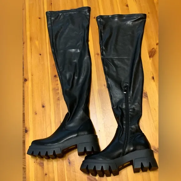 AKIRA Black Over the Knee Boots with Chunky Platform, NWOT