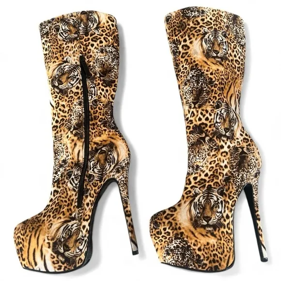 Alba Brown and Black Leopard Tiger Print High Heel Zip Up Boots Size 8