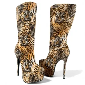 Alba Brown and Black Leopard Tiger Print High Heel Zip Up Boots Size 8