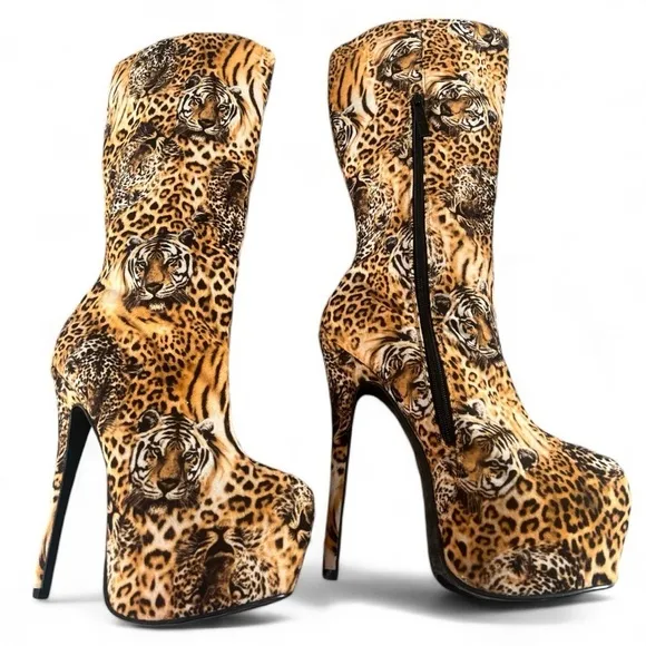 Alba Brown and Black Leopard Tiger Print High Heel Zip Up Boots Size 8