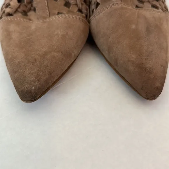 Aldo Ankle Boots Womens Size 10 Tan Suede Bootie Cutout Pointed Toe Block Heel