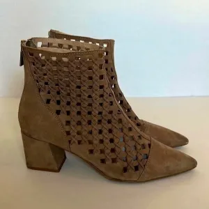 Aldo Ankle Boots Womens Size 10 Tan Suede Bootie Cutout Pointed Toe Block Heel