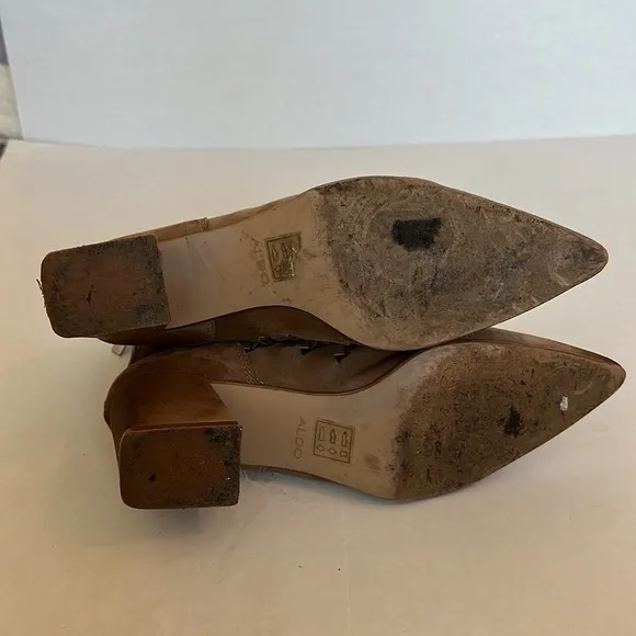 Aldo Ankle Boots Womens Size 10 Tan Suede Bootie Cutout Pointed Toe Block Heel