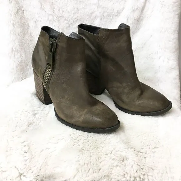 ALDO Olive Brown Leather Blocked Heel Zippered Western Ankle Boots Booties 10