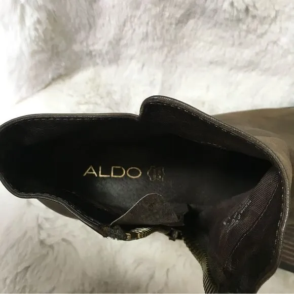 ALDO Olive Brown Leather Blocked Heel Zippered Western Ankle Boots Booties 10