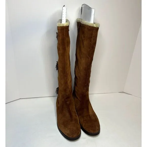 Alfani Vermont Genuine Suede Leather Shearling Triple Buckle Riding Boots Women