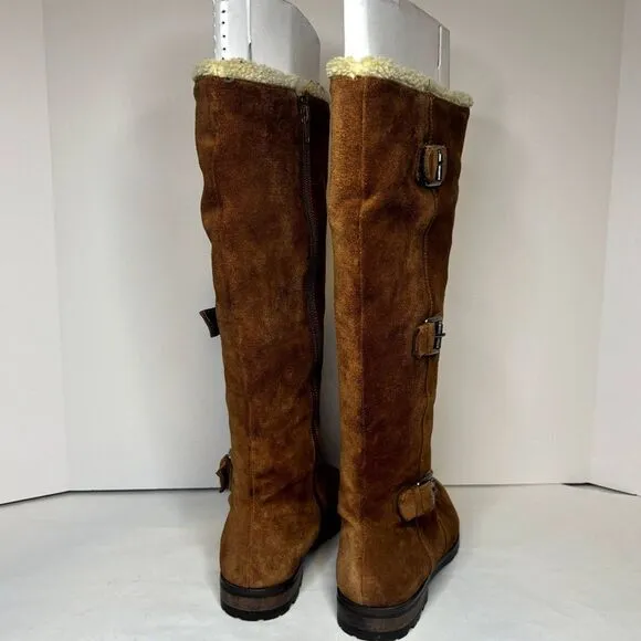Alfani Vermont Genuine Suede Leather Shearling Triple Buckle Riding Boots Women
