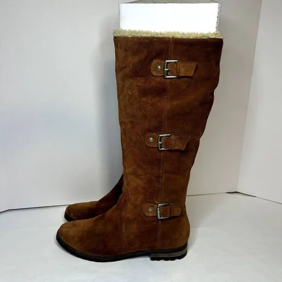 Alfani Vermont Genuine Suede Leather Shearling Triple Buckle Riding Boots Women