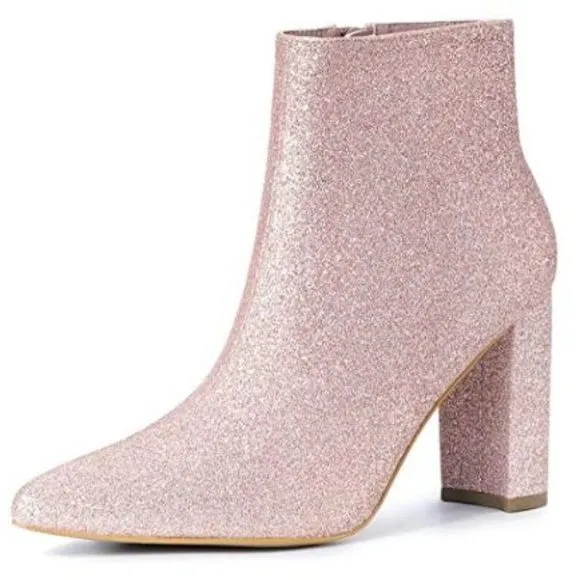 Allegra K Women Glitter Pointed  Heel Ankle Boots