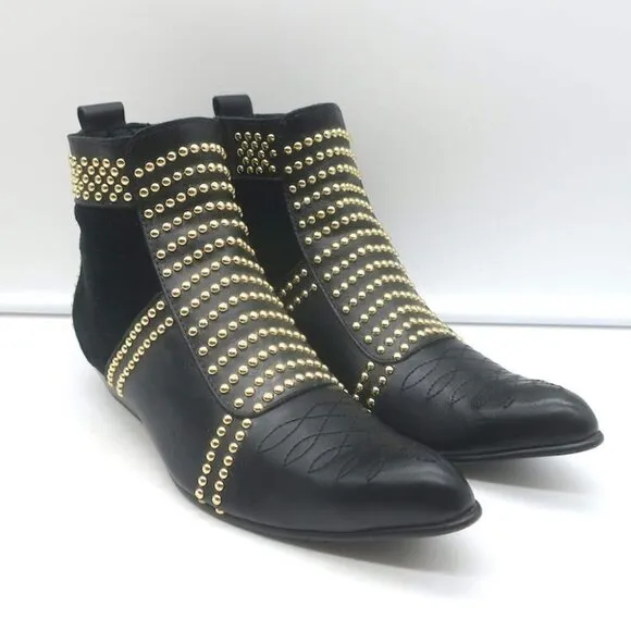 ANINE BING Charlie Gold-Studded Ankle Boots Black Leather &amp; Suede Size 37