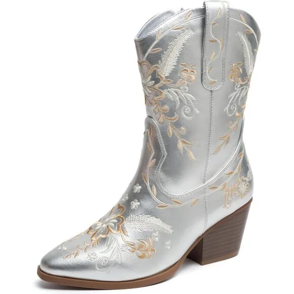 Anjofemme Mid-Calf Boot Women Silver Polyurethane Embroidered Round-toe