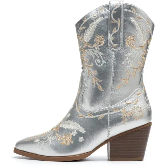 Anjofemme Mid-Calf Boot Women Silver Polyurethane Embroidered Round-toe