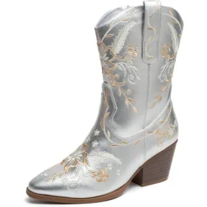 Anjofemme Mid-Calf Boot Women Silver Polyurethane Embroidered Round-toe