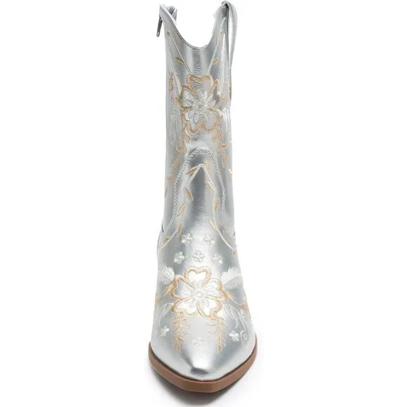Anjofemme Mid-Calf Boot Women Silver Polyurethane Embroidered Round-toe