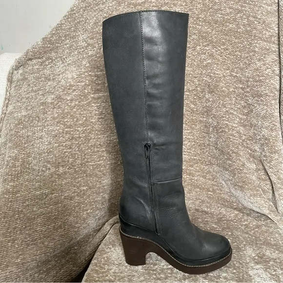 Anthropologie Hoss Intropia Leather Wood Platform Heeled Riding Tall Boots 39