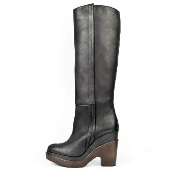 Anthropologie Hoss Intropia Leather Wood Platform Heeled Riding Tall Boots 39