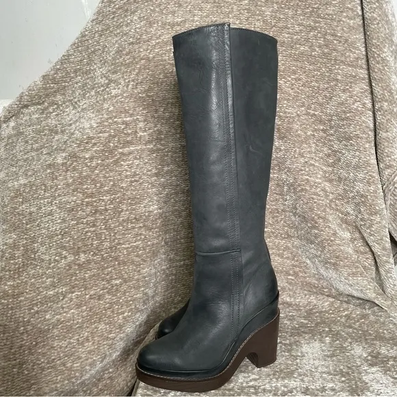 Anthropologie Hoss Intropia Leather Wood Platform Heeled Riding Tall Boots 39
