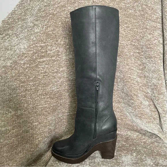 Anthropologie Hoss Intropia Leather Wood Platform Heeled Riding Tall Boots 39