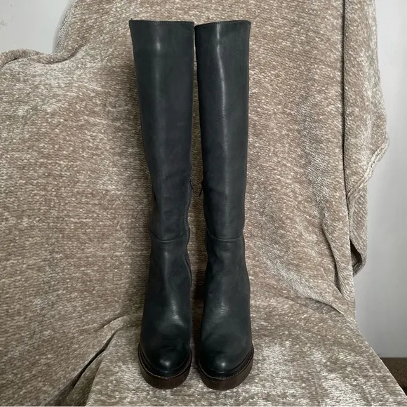 Anthropologie Hoss Intropia Leather Wood Platform Heeled Riding Tall Boots 39