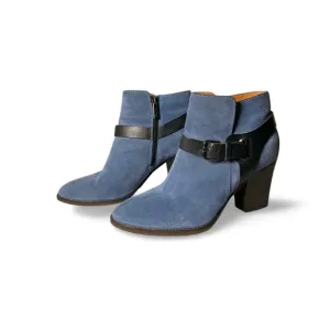 Aquatalia Blue Suede Ankle Boots with Black Buckle