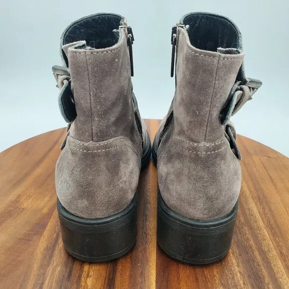 Aquatalia Boots Women's 6 Gray Suede Leather Double Buckle Moto Side Zip Booties