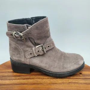 Aquatalia Boots Women's 6 Gray Suede Leather Double Buckle Moto Side Zip Booties
