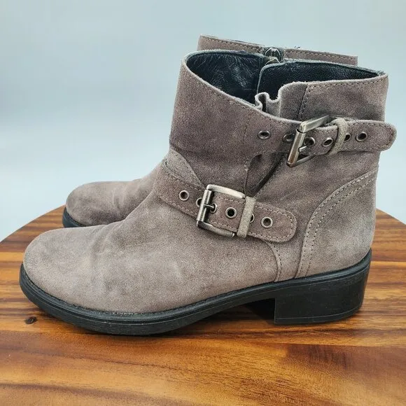 Aquatalia Boots Women's 6 Gray Suede Leather Double Buckle Moto Side Zip Booties