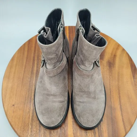 Aquatalia Boots Women's 6 Gray Suede Leather Double Buckle Moto Side Zip Booties