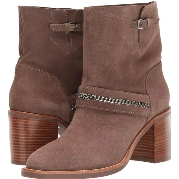 Aquatalia Elisha Suede Boots Chain Detail Pull On Chunky Stacked Heel Size 10