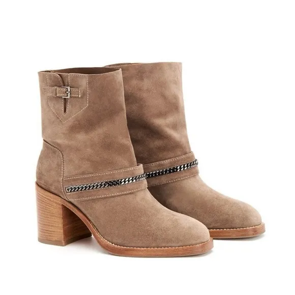 Aquatalia Elisha Suede Boots Chain Detail Pull On Chunky Stacked Heel Size 10