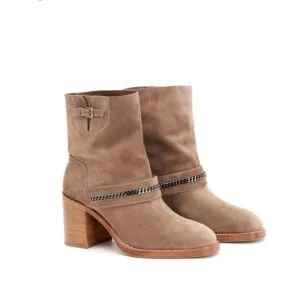 Aquatalia Elisha Suede Boots Chain Detail Pull On Chunky Stacked Heel Size 10